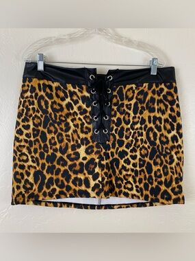 Switchblade Stiletto Small Brown & Black Leopard Print Lace-up Fitted Mini Skirt